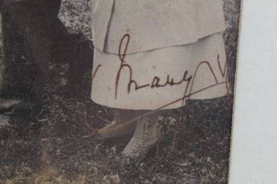 Lot 80 - H.M.Queen Mary , signed and inscribed 1943 wartime photograph of the Queen cutting down a tree at Badmington , 1939 signed Christmas card with envelope to The Bishop of Norwich and an inscribed gif...