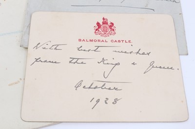 Lot 80 - H.M.Queen Mary , signed and inscribed 1943 wartime photograph of the Queen cutting down a tree at Badmington , 1939 signed Christmas card with envelope to The Bishop of Norwich and an inscribed gif...
