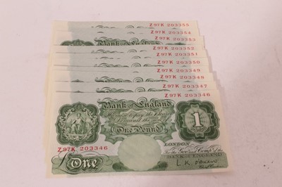 Lot 432 - G.B. - Green One Pound Bank Notes in sequential order, Chief Cashier L O'Brien, prefix Z97K 203346-355 A. UNC (10 bank notes)