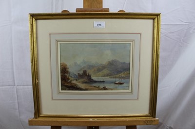 Lot 275 - Mid 19th century English School watercolour - castle on a lake, indistinctly signed and dated 1846, in glazed gilt frame, 17.5cm x 25cm