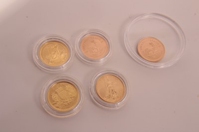 Lot 465 - World - Mixed Gold 1/10th of an ounce coins to include G.B. Ten Pounds Britannia 2019, Royal Coat of Arms 2020, South Africa Krugerrand 2019, 2020 & U.S. Liberty $5 2019 - All UNC (5 coins)