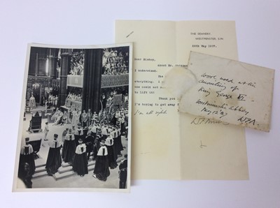 Lot 84 - The Coronation of King George VI , 12 th May 1937, rare fragment of cotton wool used to anoint The King with holy oil at the most sacred part of the ceremony , contained in an oil stained envelope...