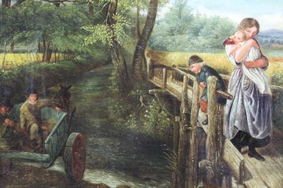 Lot 310 - Victorian English School oil on canvas - figures on a bridge and others in a cart through a ford, in gilt frame, 29cm x 39cm