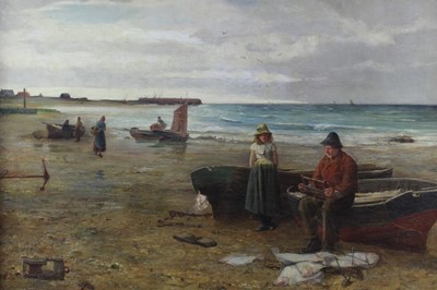Lot 315 - Frederick Smith, 19th century, oil on canvas - fisherfolk on the shore with their catch, signed and dated 1888, in gilt frame, 70cm x 90cm