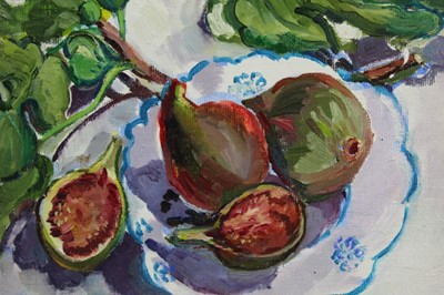 Lot 318 - Stella Brand, contemporary, oil on canvas board - Figs from the Garden, signed, framed, 19cm x 24cm