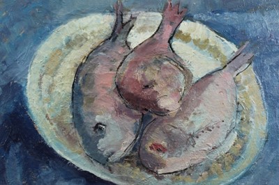 Lot 319 - M. Bogue, contemporary, oil on canvas - still life of fish on a plate, signed, unframed, 41cm x 51cm