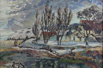 Lot 321 - Mid 20th century English School oil on canvas board - a snow covered landscape, indistinctly signed, in painted frame, 50cm x 60cm