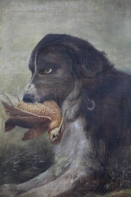 Lot 329 - English School, 19th century, oil on canvas - a spaniel with a dead woodcock, in gilt frame, 67cm x 50cm