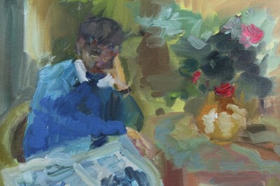 Lot 348 - Annelise Firth (b.1961) oil on board - figure at a table, signed, framed, 35cm x 45cm