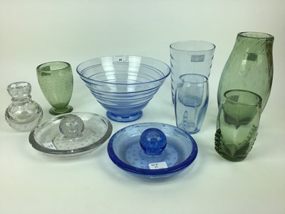 Lot 89 - Six pieces of Whitefriars including Sapphire blue ribbon trailed bowl, 26.5cm diameter,  Sapphire blue wave ribbed vase, 19.5cm high, Sage green bubble vase, 25.5cm high and two bowls
