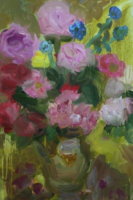 Lot 350 - Annelise Firth (b.1961) oil on board - still life of roses, signed verso, framed, 60cm x 45cm