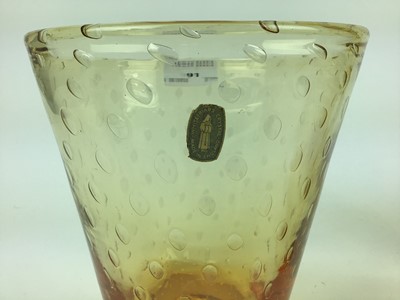 Lot 91 - Three Whitefriars Amber controlled bubble vases including one with original Whitefriars label, 18cm, 19cm and 14.5cm