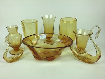 Lot 93 - Fifteen pieces of Whitefriars Amber glass including vase with original sticker, 17cm high