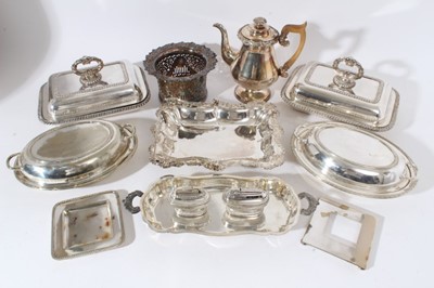 Lot 244 - Georgian style silver plated coffee pot of baluster form with angular fruitwood handle together with silver plated bottle holder, entree dishes and other items (qty)