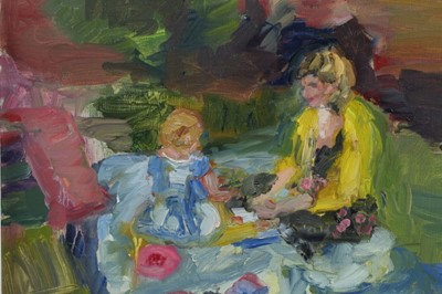 Lot 352 - Annelise Firth (b.1961) oil on board - mother and child in a garden, signed and titled verso, framed, 39cm x 49cm