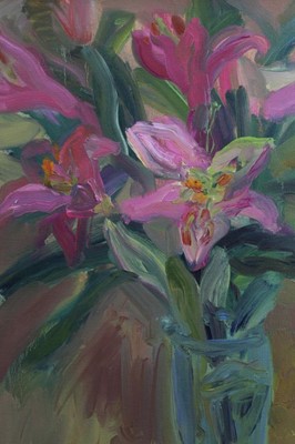Lot 353 - Annelise Firth (b.1961) oil on board - still life of lilies, signed and dated verso, framed, 60cm x 50cm
