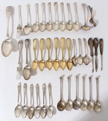 Lot 248 - Victrorian silver fiddle pattern table spoon with engraved initials, (London 1853), together with a quantity of silver and silver plated flatware (various dates and makers), approximately 21oz of w...