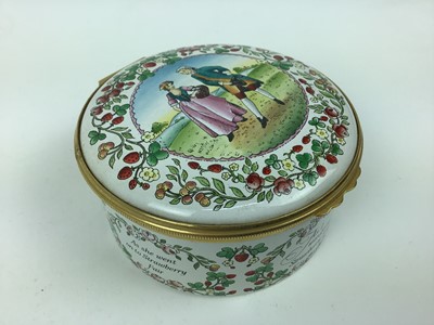 Lot 117 - Halcyon Days enamel circular music box - Strawberry Fair, 8cm diameter