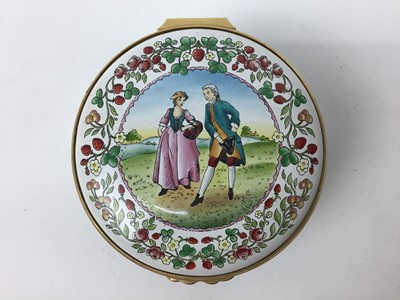 Lot 117 - Halcyon Days enamel circular music box - Strawberry Fair, 8cm diameter