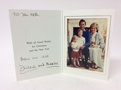 Lot 98 - T.R.H The Prince and Princess of Wales signed 1986 Christmas card inscribed ' To you both from us all, Diana and Charles'