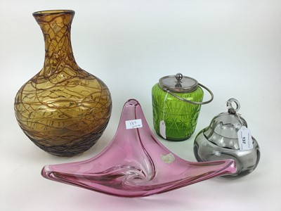 Lot 601 - Wedgwood glass pot and cover, ruby glass dish, biscuit barrel and large spiral twist vase (4)