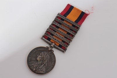Lot 206 - Queen's South Africa medal with six clasps- Tugela Heights, Orange Free State, Relief of Ladysmith, Transvaal, Laing's Nek and Cape Colony, named to 3258 Pte. J.T. Monger. Middlesex. Regt.