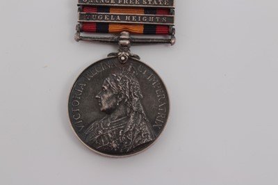 Lot 206 - Queen's South Africa medal with six clasps- Tugela Heights, Orange Free State, Relief of Ladysmith, Transvaal, Laing's Nek and Cape Colony, named to 3258 Pte. J.T. Monger. Middlesex. Regt.