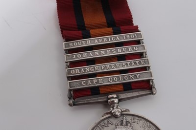 Lot 207 - Queen's South Africa medal with four  clasps- Cape Colony, Orange Free State, Johannesburg and South Africa 1901, named to 4229 Pte. C.S. Bickford. S. Wales. Bord