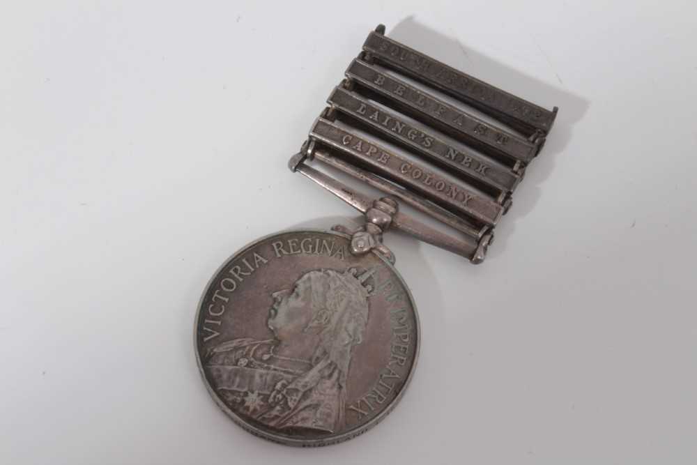 Lot 208 - Queen's South Africa medal with four clasps- Cape Colony, Laing's Nek, Belfast and South Africa 1902  named to 3054 Pte. A. Farquhar. Highland L.I.