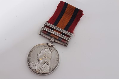 Lot 212 - Queen's South Africa medal with two clasps- Transvaal and South Africa 1902, named to 5689 Pte. W. George. Norfolk. Regt.