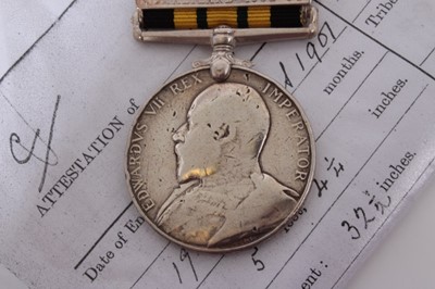 Lot 216 - Edwardian Africa General Service medal with two clasps- Somaliland 1902 - 04 and Jidballi, named to 1179 Pte. Chimenia. 2nd K. A. RIF. together with printed research