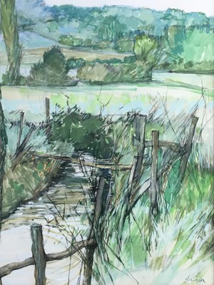 Lot 368 - Anthony Atkinson - gouache and watercolour in glazed frame - 'corner of a stream, S.W. France' 48cm x 38cm
