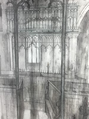 Lot 369 - Valerie Thornton (1931 - 1989) - pencil and watercolour in glazed frame - architectural study of a church interior, title verso 'Dennington', signed and dated 1979, 77cm x 56cm