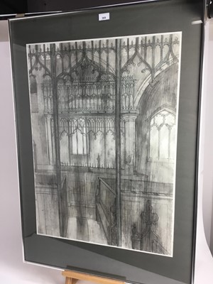 Lot 369 - Valerie Thornton (1931 - 1989) - pencil and watercolour in glazed frame - architectural study of a church interior, title verso 'Dennington', signed and dated 1979, 77cm x 56cm