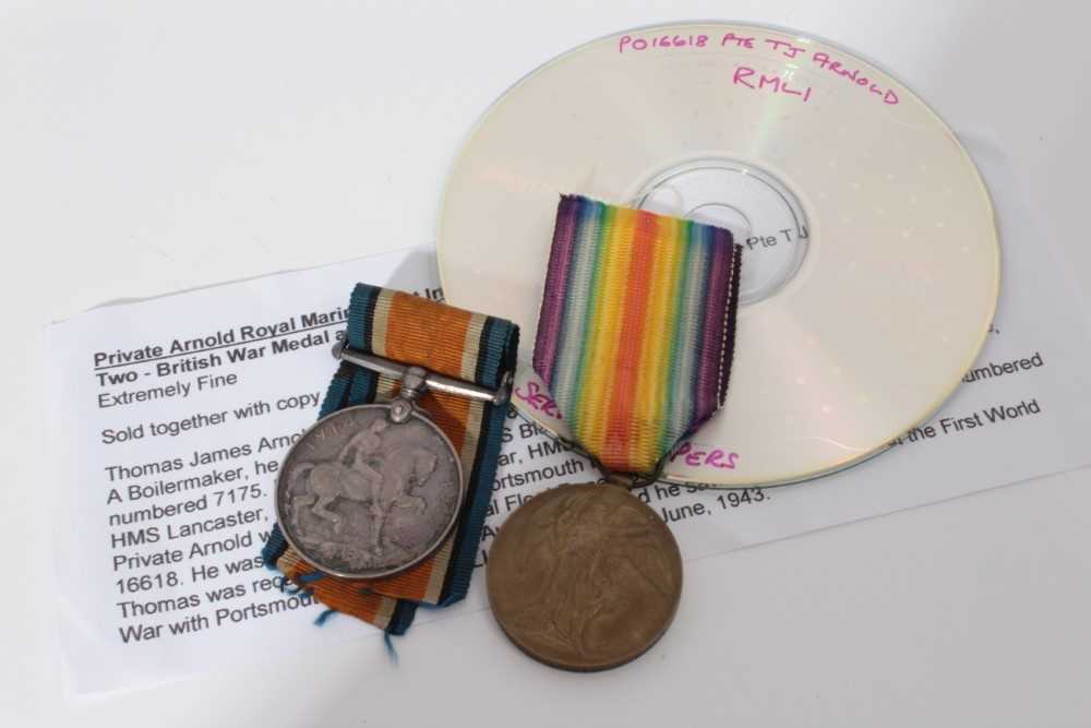 Lot 218 - First World War pair comprising War and Victory medals named to P.O. 16618 PTE. T. J. Arnold. R.M.L.I. together with printed research
