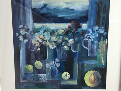 Lot 371 - Judith Moy (1927-2016) - acrylic in glazed frame- still life, titled 'Sea Window', signed, 2014, 51cm x 53cm
