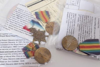 Lot 225 - Group of four First World War medals comprising 1914 -15 Star named to 277446. G. Ireland. STO. 1.. R.N. and three Victory medals named to 300214 A. R. Stevens. STO.1. R.N., PLY. 14515 Pte. R. Stok...