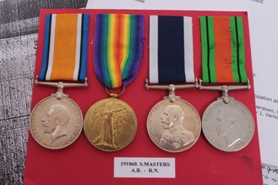 Lot 227 - First World War and later medal group comprising War and Victory medals named to 191060 S. Masters. A.B. R.N.,George V Naval Long Service and Good Conduct medal named to 191060 S. Masters. A.B. H.M...
