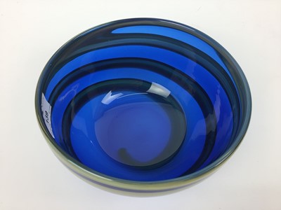 Lot 139 - Good quality blue art glass bowl with yellow swirls, signed Emsie Sharp, 2005, 18cm diameter