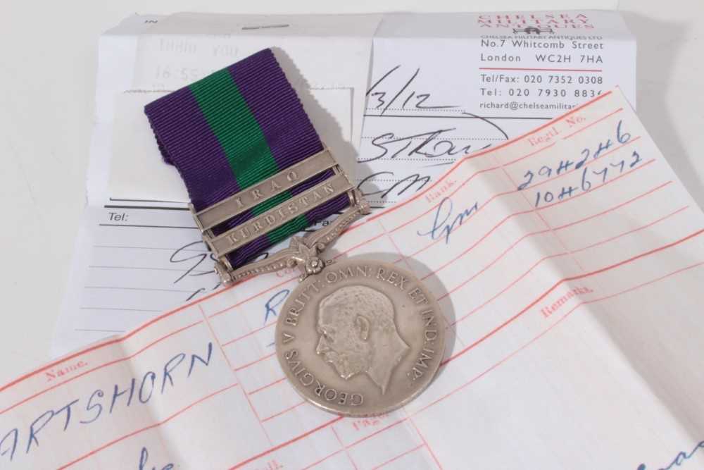 Lot 232 - George V General Service medal with two clasps- Kurdistan and Iraq, named to 294246 GNR. C. Hartshorn. R.A.