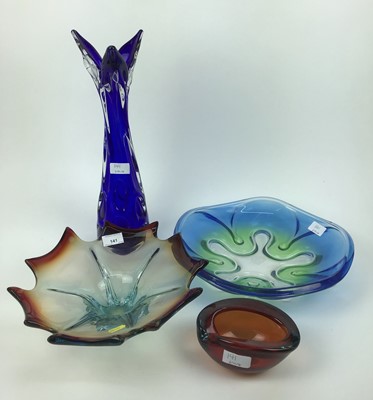 Lot 141 - Four pieces of Czech glass including blue and green bowl, 35cm diameter,  red and blue bowl, 32cm diameter, small red and blue bowl, 15.5cm wide and blue vase, 44cm high
