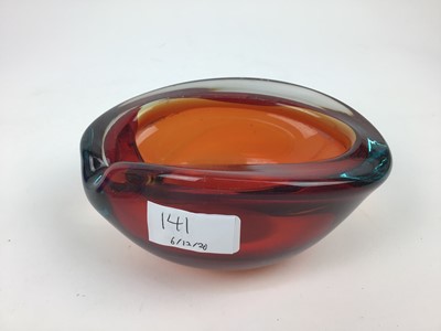 Lot 620 - Four pieces of Czech glass including blue and green bowl, 35cm diameter,  red and blue bowl, 32cm diameter, small red and blue bowl, 15.5cm wide and blue vase, 44cm high