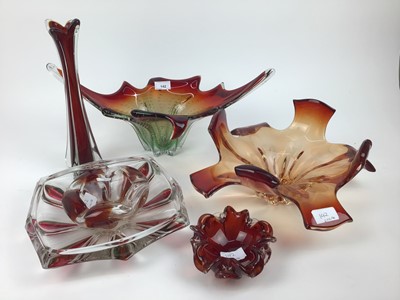 Lot 142 - Five pieces of Czech glass including red and green vase with controlled bubble decoration, 48cm wide, 22cm high, red bowl, 38cm wide, Ruby and clear bowl, 27cm wide, Ruby vase, 32.5cm high and and...