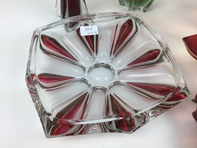 Lot 619 - Five pieces of Czech glass including red and green vase with controlled bubble decoration, 48cm wide, 22cm high, red bowl, 38cm wide, Ruby and clear bowl, 27cm wide, Ruby vase, 32.5cm high and and...