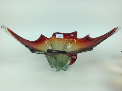 Lot 619 - Five pieces of Czech glass including red and green vase with controlled bubble decoration, 48cm wide, 22cm high, red bowl, 38cm wide, Ruby and clear bowl, 27cm wide, Ruby vase, 32.5cm high and and...