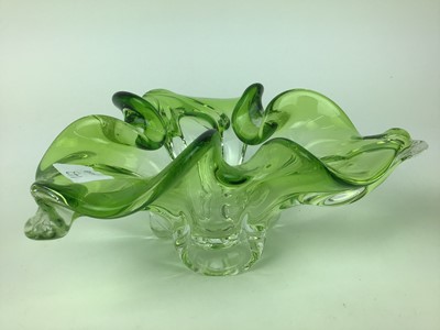 Lot 143 - Five pieces of Czech glass including green and red vase, 13.5cm high, green leaf shaped vase, 26cm wide, green and blue vase, 19.5cm high, green vase, 23cm high and green vase 10.5cm high