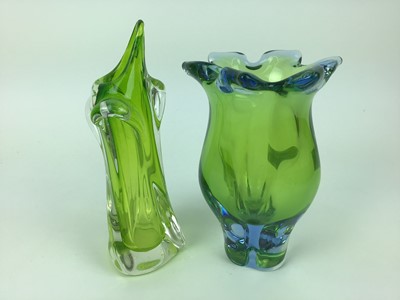 Lot 143 - Five pieces of Czech glass including green and red vase, 13.5cm high, green leaf shaped vase, 26cm wide, green and blue vase, 19.5cm high, green vase, 23cm high and green vase 10.5cm high