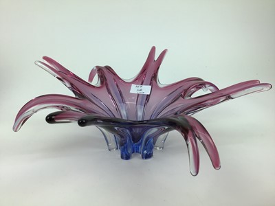 Lot 144 - Seven pieces of Czech glass including purple and blue vase, 36.5cm high, pink and blue bowl, 40cm wide, pink and amber vase, 24.5cm high, pink and amber vase, 18cm high, pink and amber triangular b...