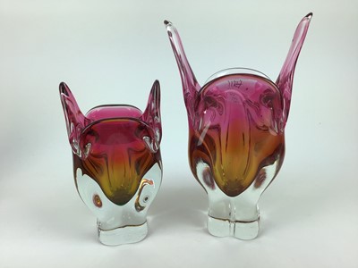 Lot 144 - Seven pieces of Czech glass including purple and blue vase, 36.5cm high, pink and blue bowl, 40cm wide, pink and amber vase, 24.5cm high, pink and amber vase, 18cm high, pink and amber triangular b...