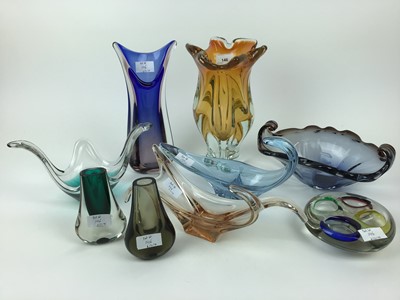 Lot 146 - Selection of Czech and other glass including yellow vase, 28cm high, blue vase, 29cm high, other bowls etc (9)